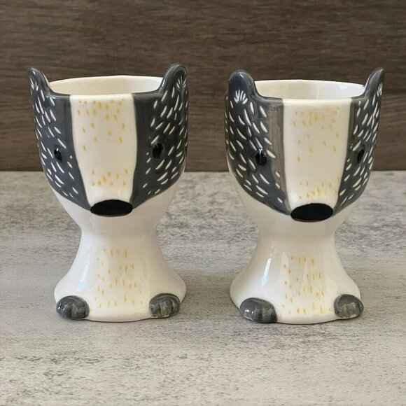 Ceramic Badger Set of Two Egg Cups Black White Wild Animal Novelty 3.25" - Picture 1 of 6
